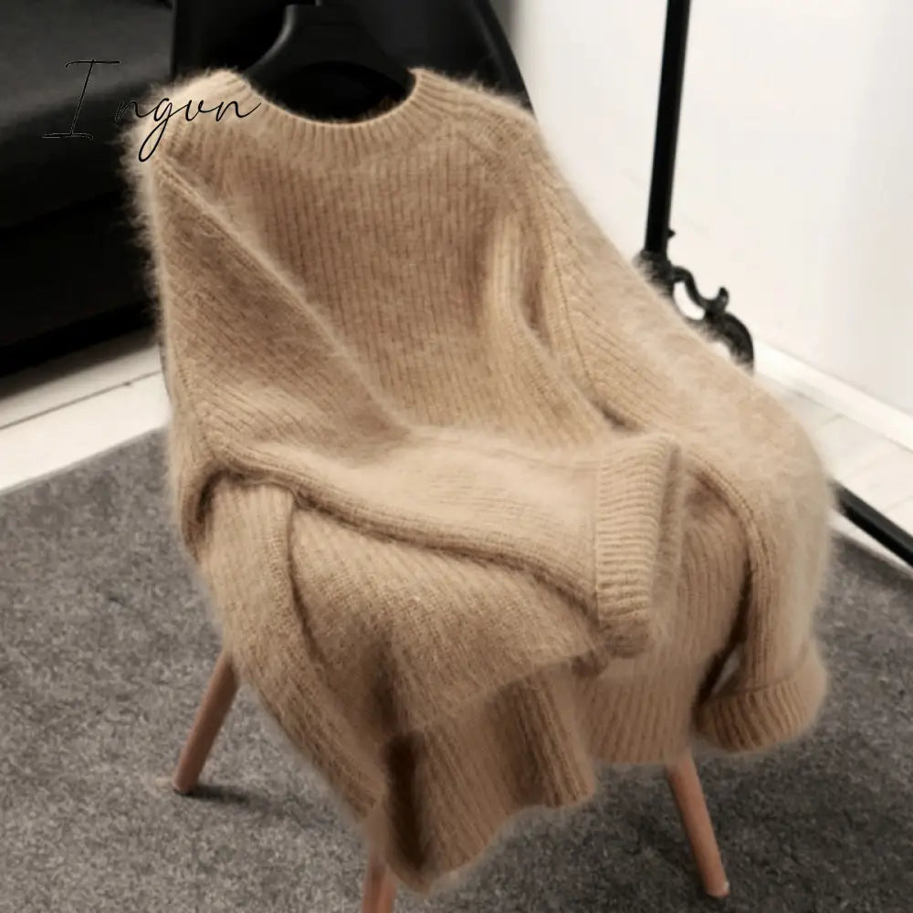 Ingvn - high quality winter outfits aesthetic New Winter Women's Thickened Round-Neck Mohair Pullover Sweater Pure Color Female Loose Knitwear Long Sleeve Asymmetry Knit Top