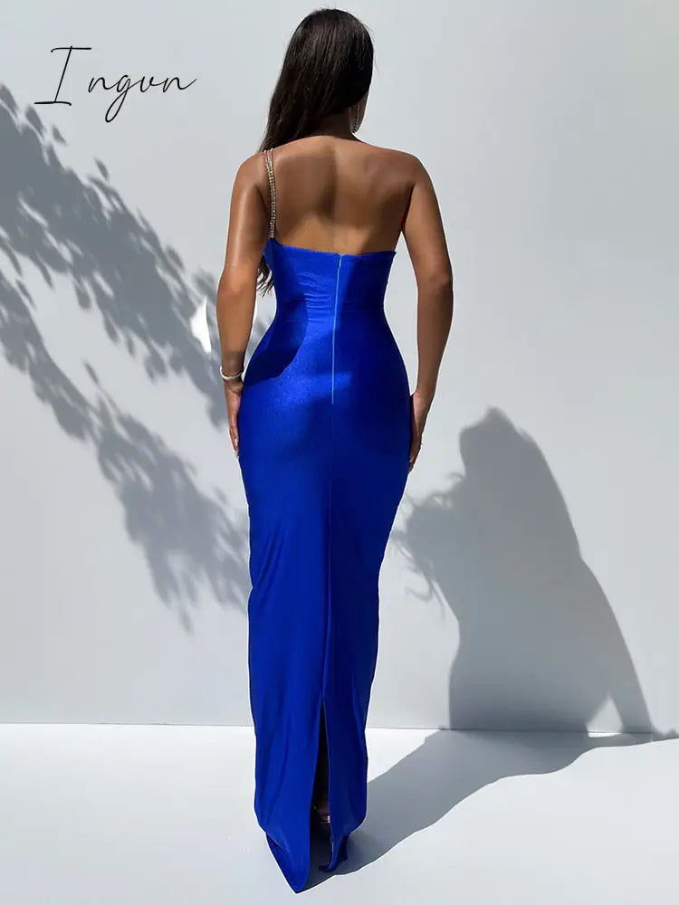 Ingvn - One Shoulder Backless Sexy Maxi Dress Women Gown Fashion Off-shoulder Sleeveless Bodycon Club Party Long Dress Vestidos