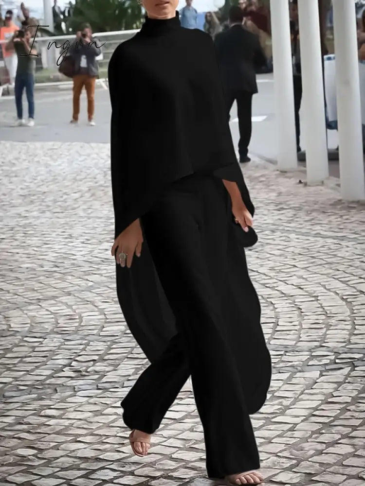 Ingvn - Female Stylish Vacation Two Pieces Set For Women Solid Color High-Neck High-Low T-Shirt Tops&Pants Suits 2023 New