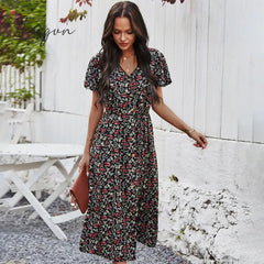 Ingvn - New Ladies Vintage Maxi Floral Print Summer Dress Women Slim Casual High Waist Button Bohemian Women Beach Dress Vestidos Female