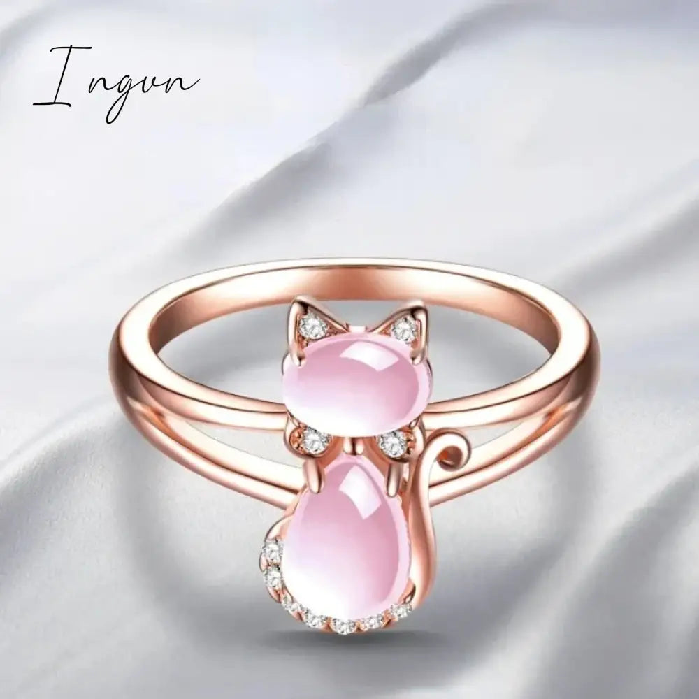 Ingvn - Cute Pink Cat Finger Ring for Women New Lovely Animal Girls Rings Daily Wear Party Fashion Accessories Fancy Gift Jewelry