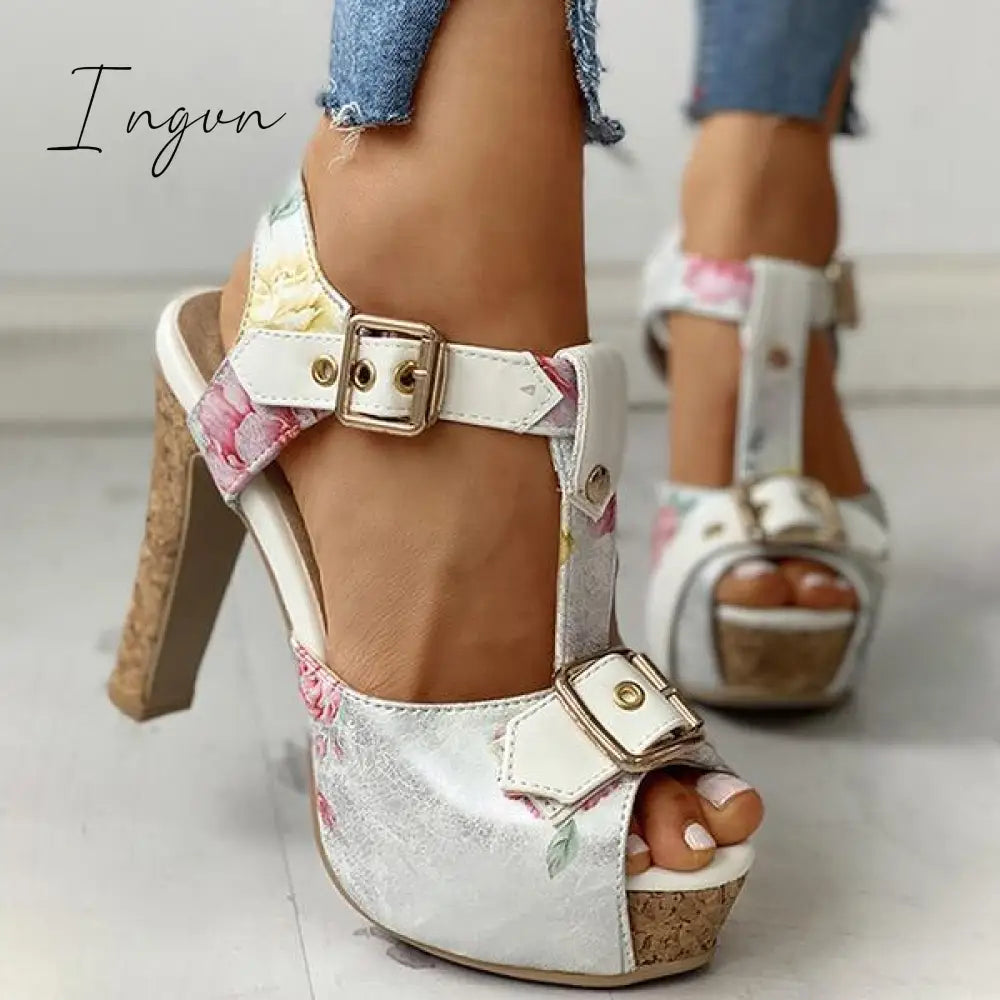 Ingvn - Flower Print Peep Toe Platform Chunky Heels