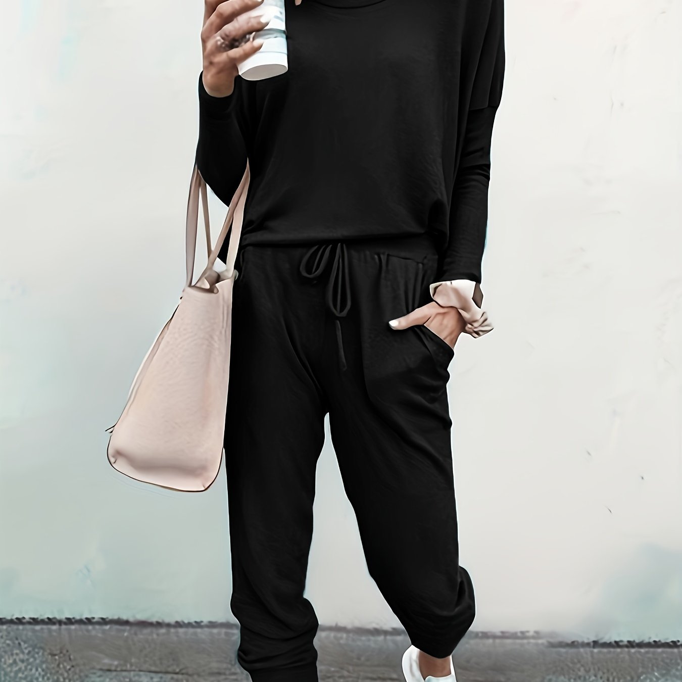 Chic Womens Two-piece Set - Comfy Long Sleeve Tee & Drawstring Jogger Pants - Versatile Solid Outfit for Casual Days
