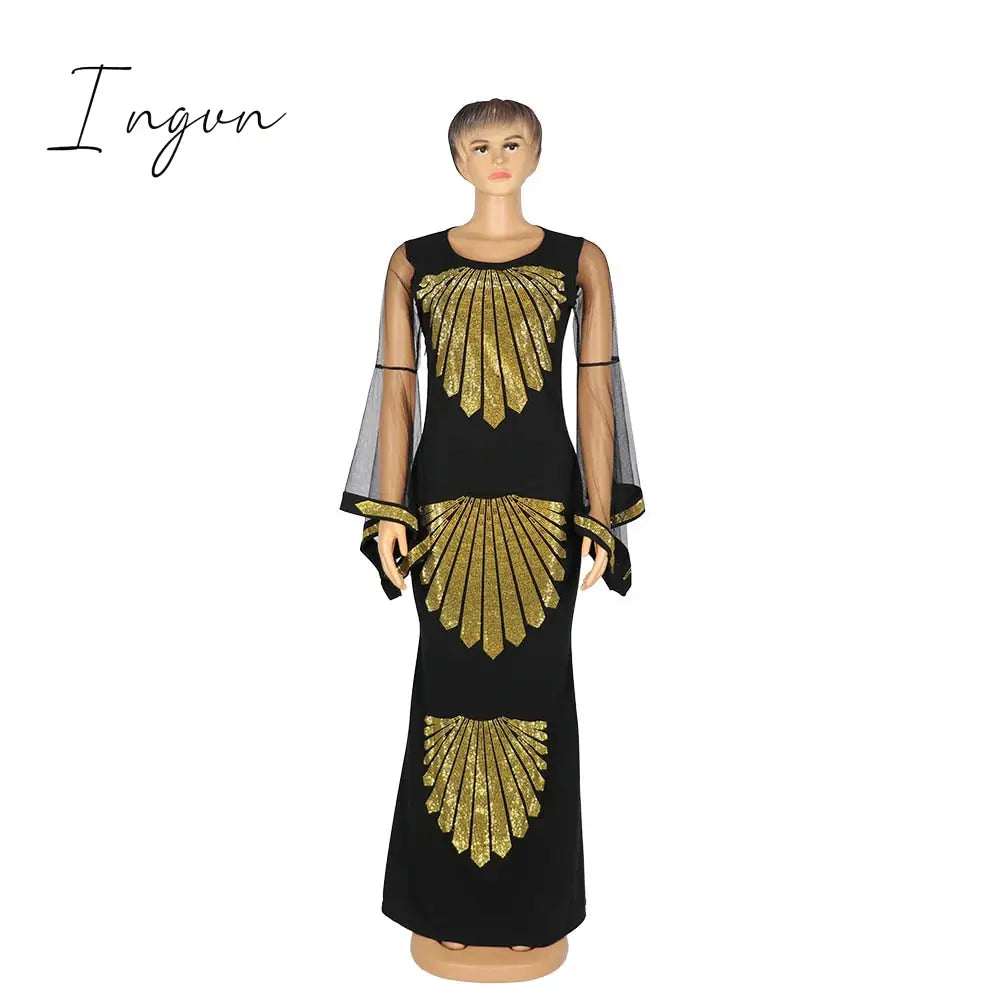 Ingvn - African mom dress fashion gauze horn sleeve hot diamond hip-covered fish tail large size stretch dress