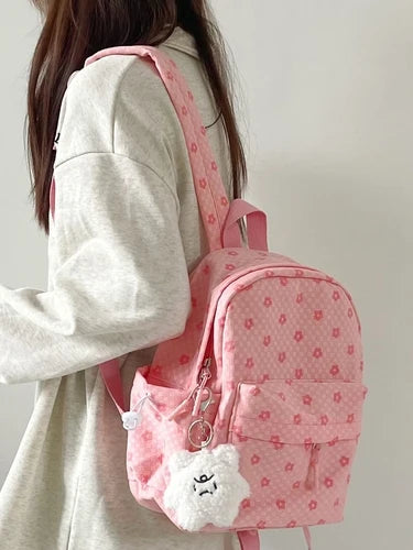 INGVN  Mini Japanese Sweet Floral Print Backpack Casual Y2k Aesthetic Preppy Schoolbags Women Kawaii All Match Backpacks for Students