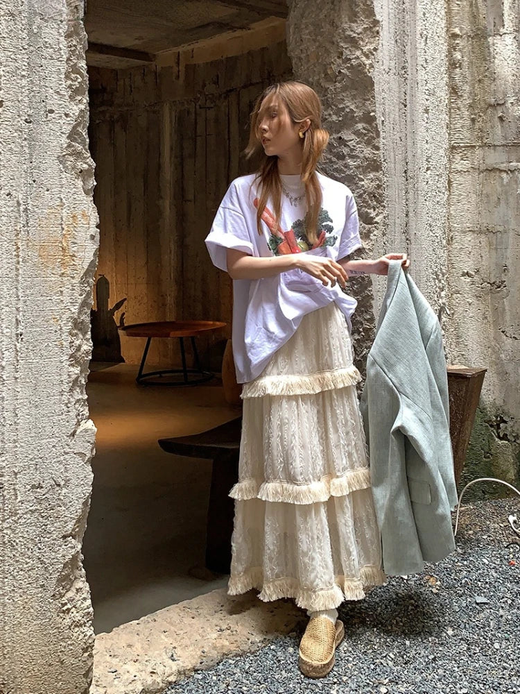 Y2k Clothes Women Cake Dress Tassel Design Skirt Loose Long Skirts Vintage High Waist Korean Fashion Faldas Largas
