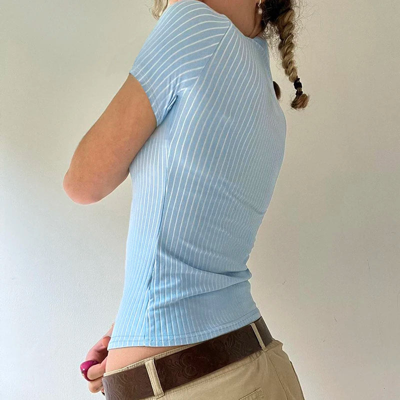 Casual Striped Print Blouse Women Button Up Short Sleeve Basic Knitted Crop Tops y2k Aesthetic Basic T-shirts Streetwear