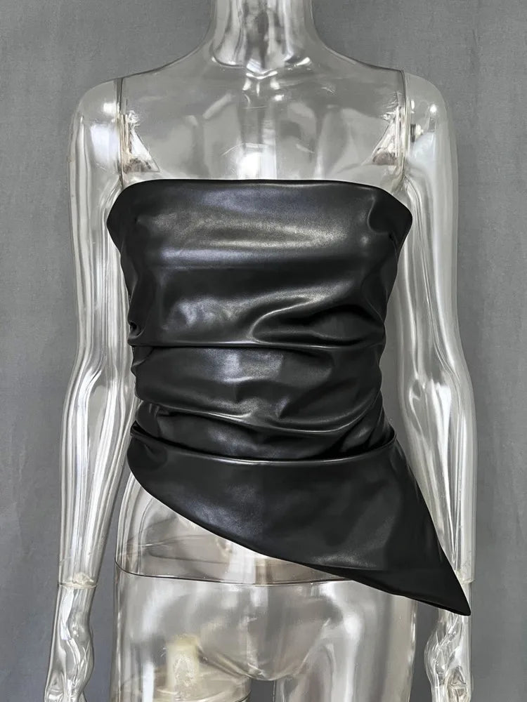 Mozision Off-shoulder Strapless PU Leather Sexy Tops Women Fashion Zipper Backless Sleeveless Ruched Irregular Club Crop Tops