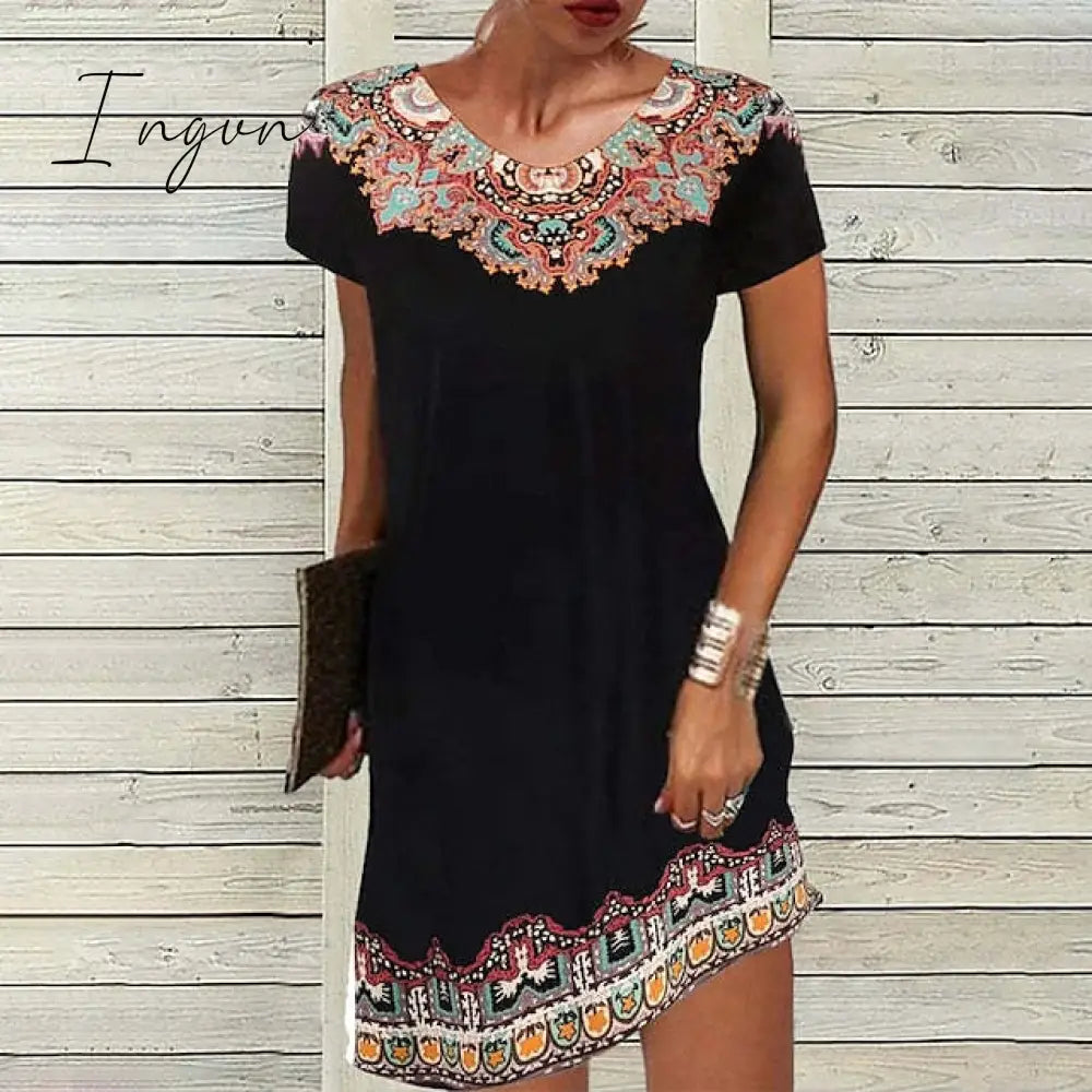 Ingvn - Women's Casual Dress Ethnic Dress Shift Dress Mini Dress Black White Light Green Short Sleeve Floral Print Spring Summer Crew Neck Basic Daily Vacation Loose Fit 2023 S M L XL XXL