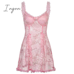 Ingvn - Sweet Cute Lace Cami Dress See Through Sexy Slim Sleeveless Ruffles Bow A-Line Mini Dresses For Women Summer Spring Lady