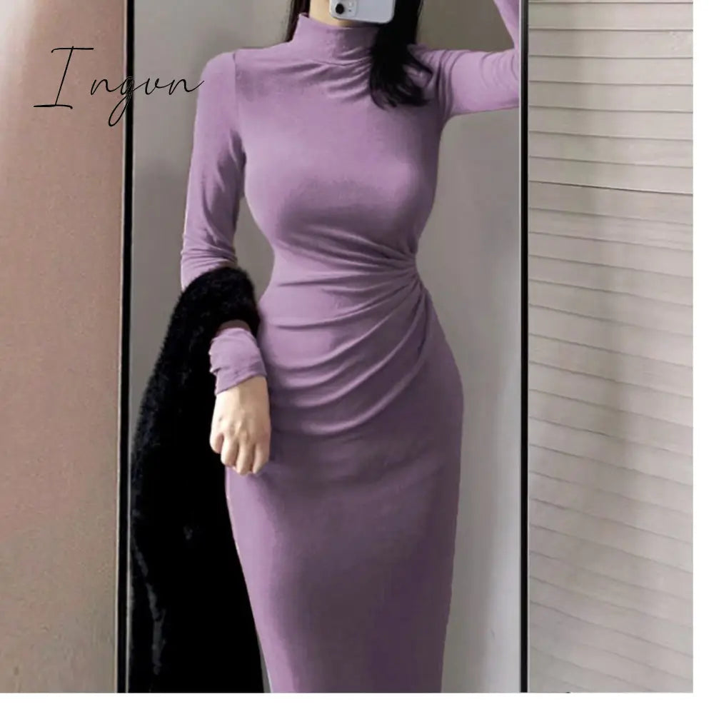 Ingvn - Women Autumn Turtleneck Dress Female Slim Elastic Oversized Basic Bodycon Sweater Dress Ladies Knit Warm Long Party Dresses