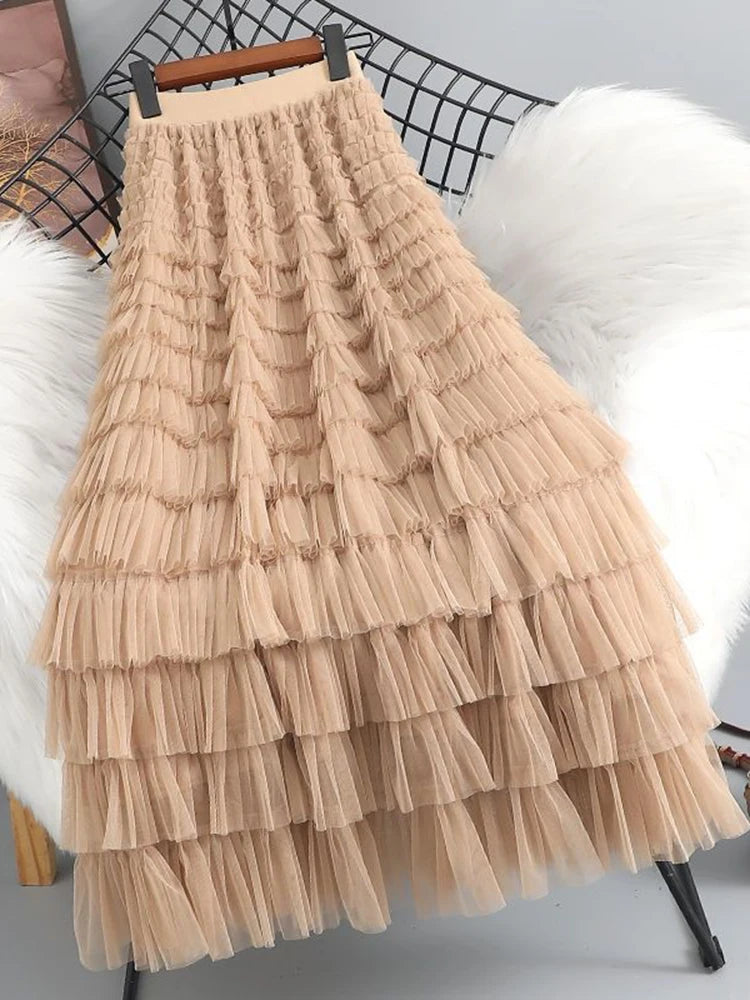 Summer Elegant Women Tulle Skirt Korean Fashion Mesh A Line Ladies Cake Skirt High Waist Loose Party Female Skirts New