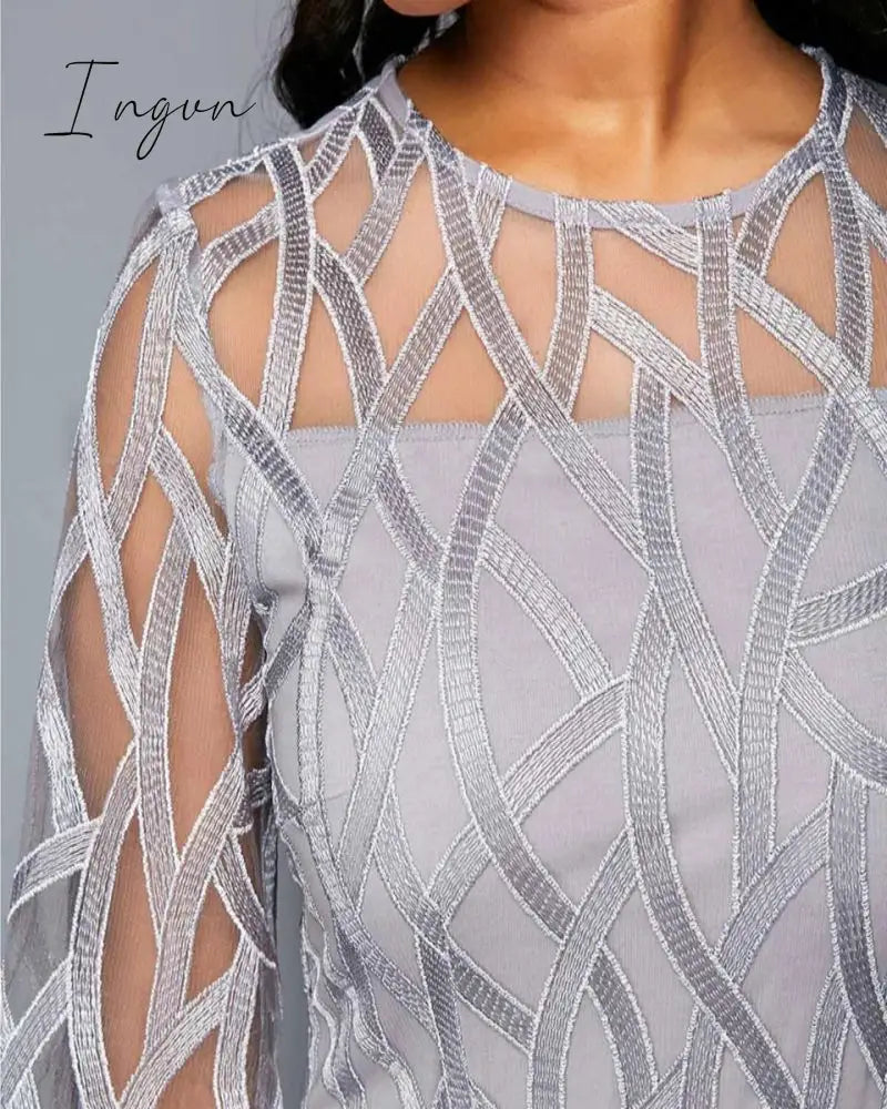 Ingvn - Summer Women Lace Slim Patchwork Party Dress Office Ladies Round Neck Flare Sleeve Stretch Bodycon Plus Size Dresses