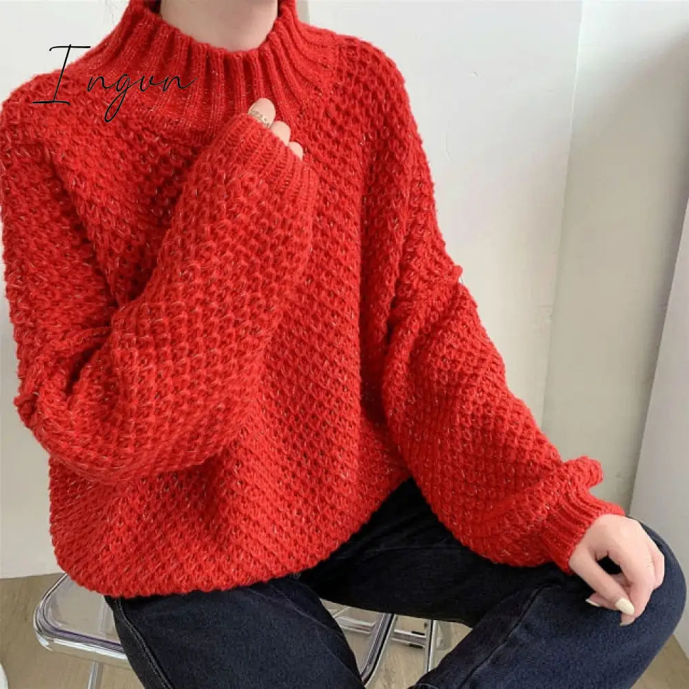 Ingvn - Winter Clothes Women Turtleneck Hollow Out Loose Solid Thick Knit Bottoming Pullovers Short Sweater Female Outer Wear Casual