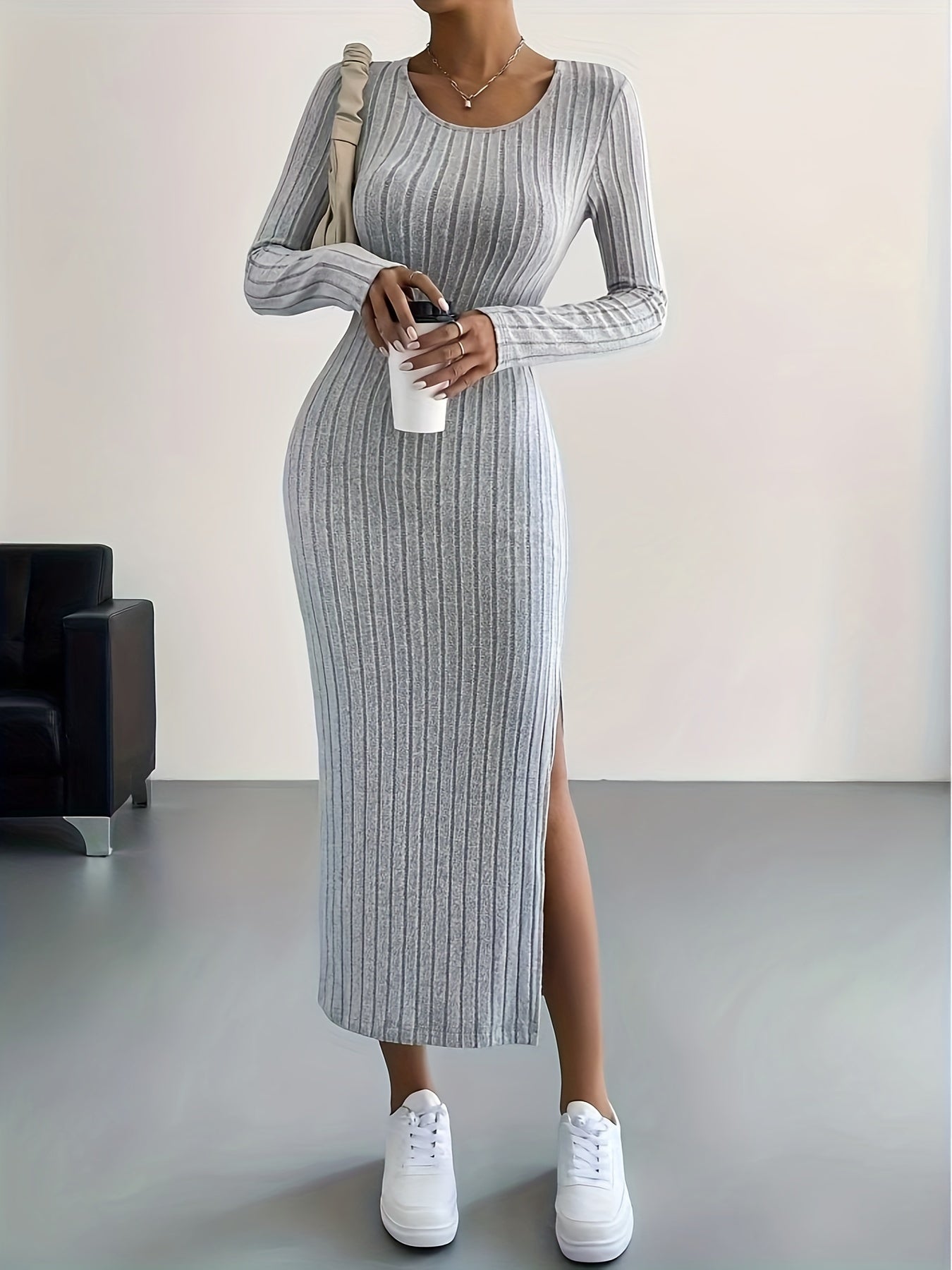 Long Sleeve Bodycon Ribbed Knit Dress - Sexy Crew Neck Split Thigh Slim Fit with Mid Elasticity - Machine Washable Polyester Fabric for Fall/Winter Season