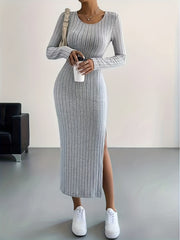 Long Sleeve Bodycon Ribbed Knit Dress - Sexy Crew Neck Split Thigh Slim Fit with Mid Elasticity - Machine Washable Polyester Fabric for Fall/Winter Season