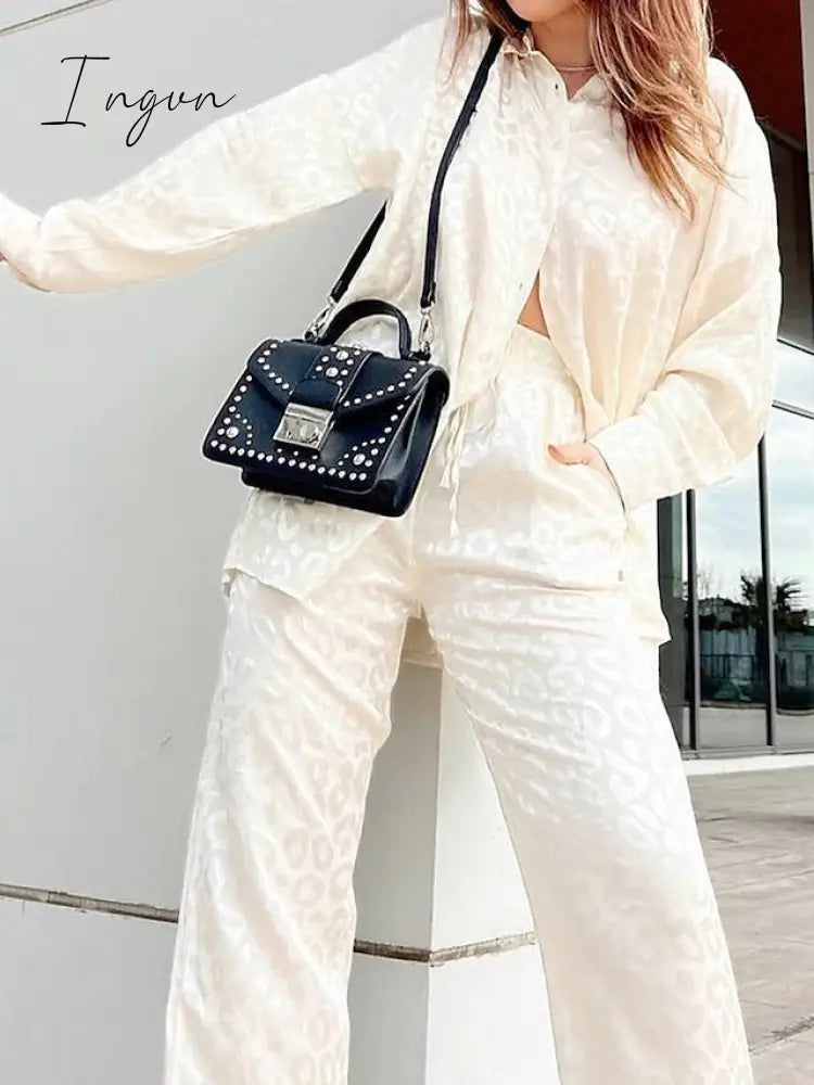 Ingvn - Women's Shirt Pants Sets Black White Red Leopard Print Long Sleeve Casual Daily Fashion Shirt Collar Regular Fit Spring &  Fall
