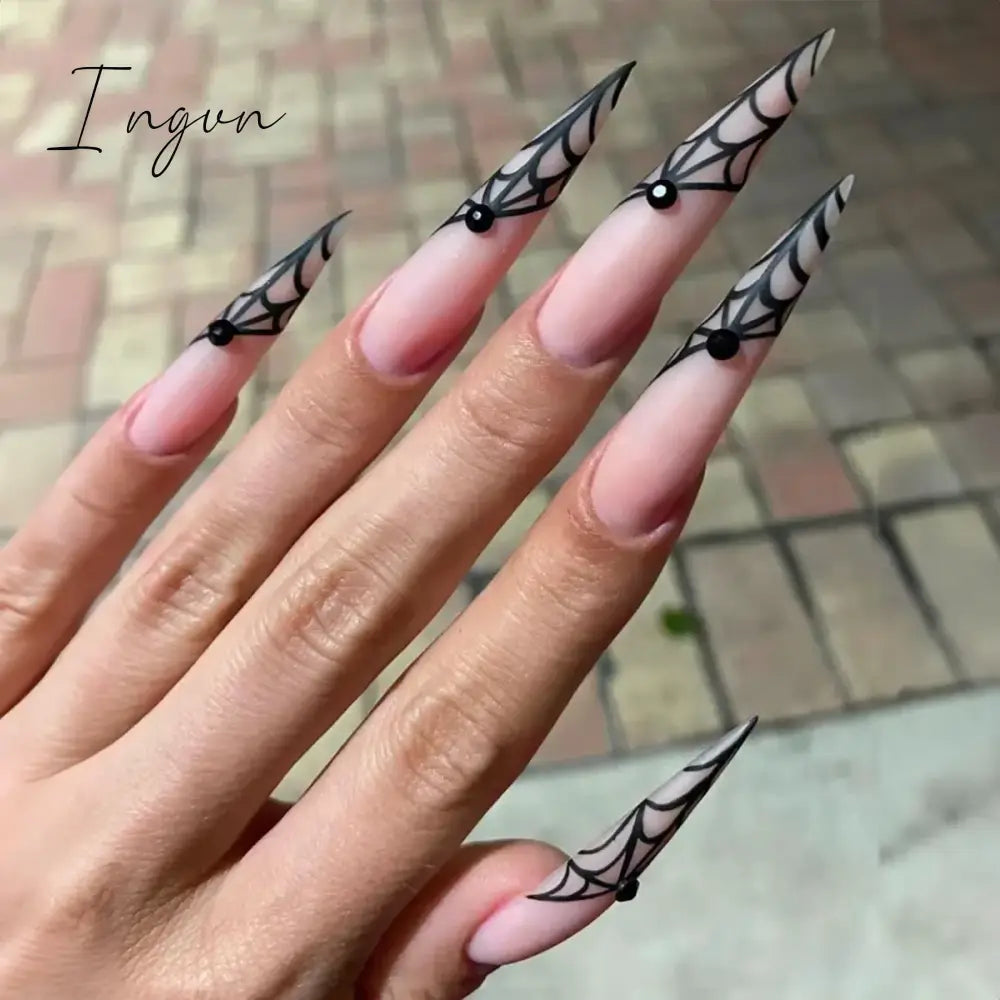 24pcs y2k Long Pointed False Nails Cool Girl Style Silver Flame Pattern Press on Nails Detchable Full Cover Fake Nail Patches