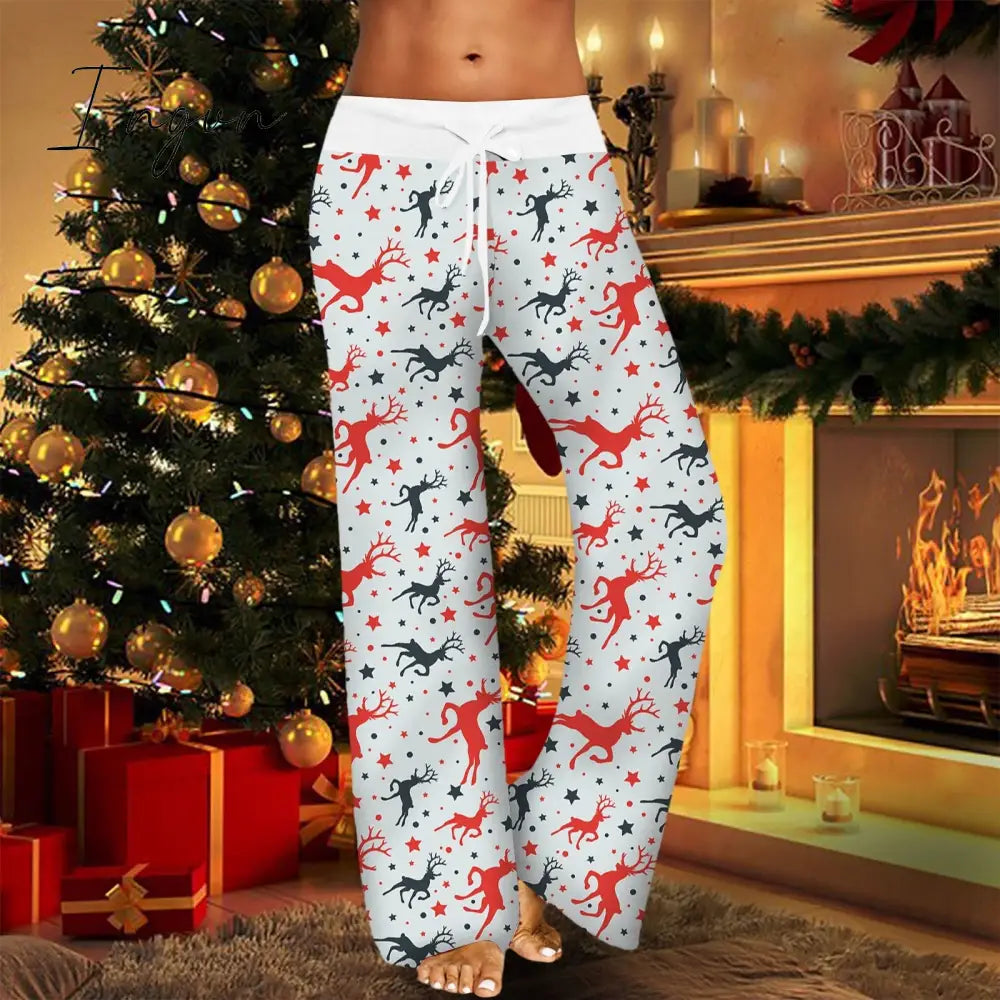 Ingvn - Womens Christmas Pants Cartoon Santa Claus Print Pants Wide Leg Pants Pull Rope Elastic Drawstrings Sweatpants Straight Trousers