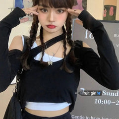 Ingvn - 2023 Shirts for Women Korean Woman Tshirts Chic Fake Two Long Sleeve Off Shoulder Tees Tops Harajuku Black Y2k T-shirt