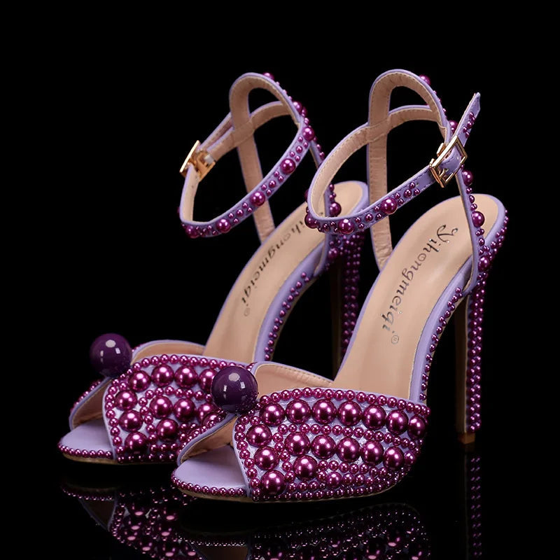 New White Female Sandals Bridal Shoes Woman Fashion Thin Heel Big Pearl Girls Fashion Sandals Party Shoes Sandales Femmes