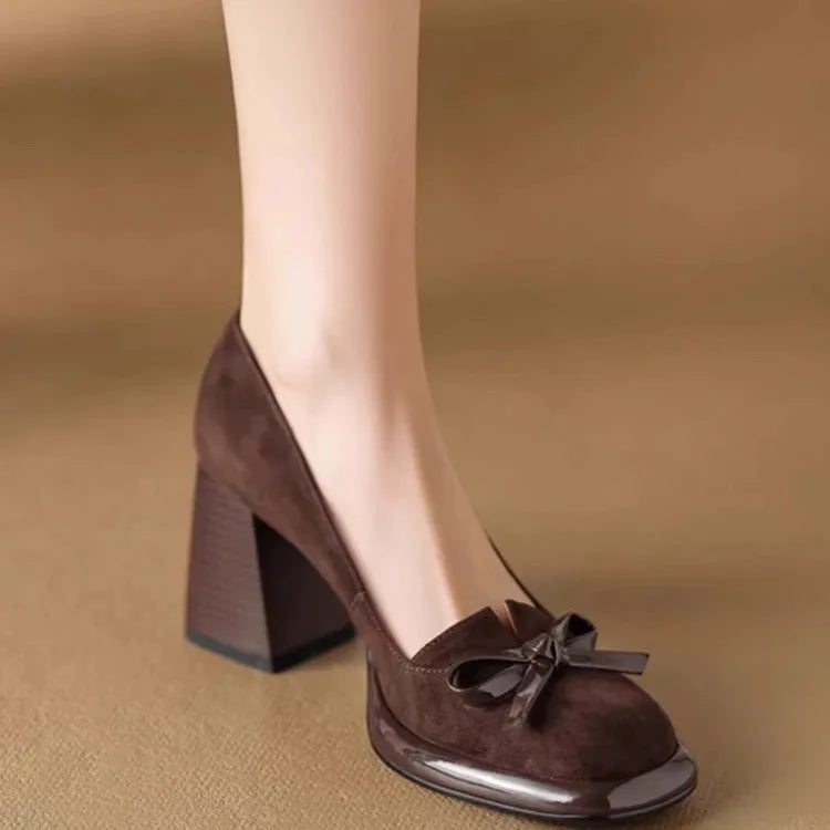 Women Spring Autumn Pumps Chunky High Heels Shoes for Ladies New Bow Suede Fashion Heels Women Brown Platform Square Toe Zapatos