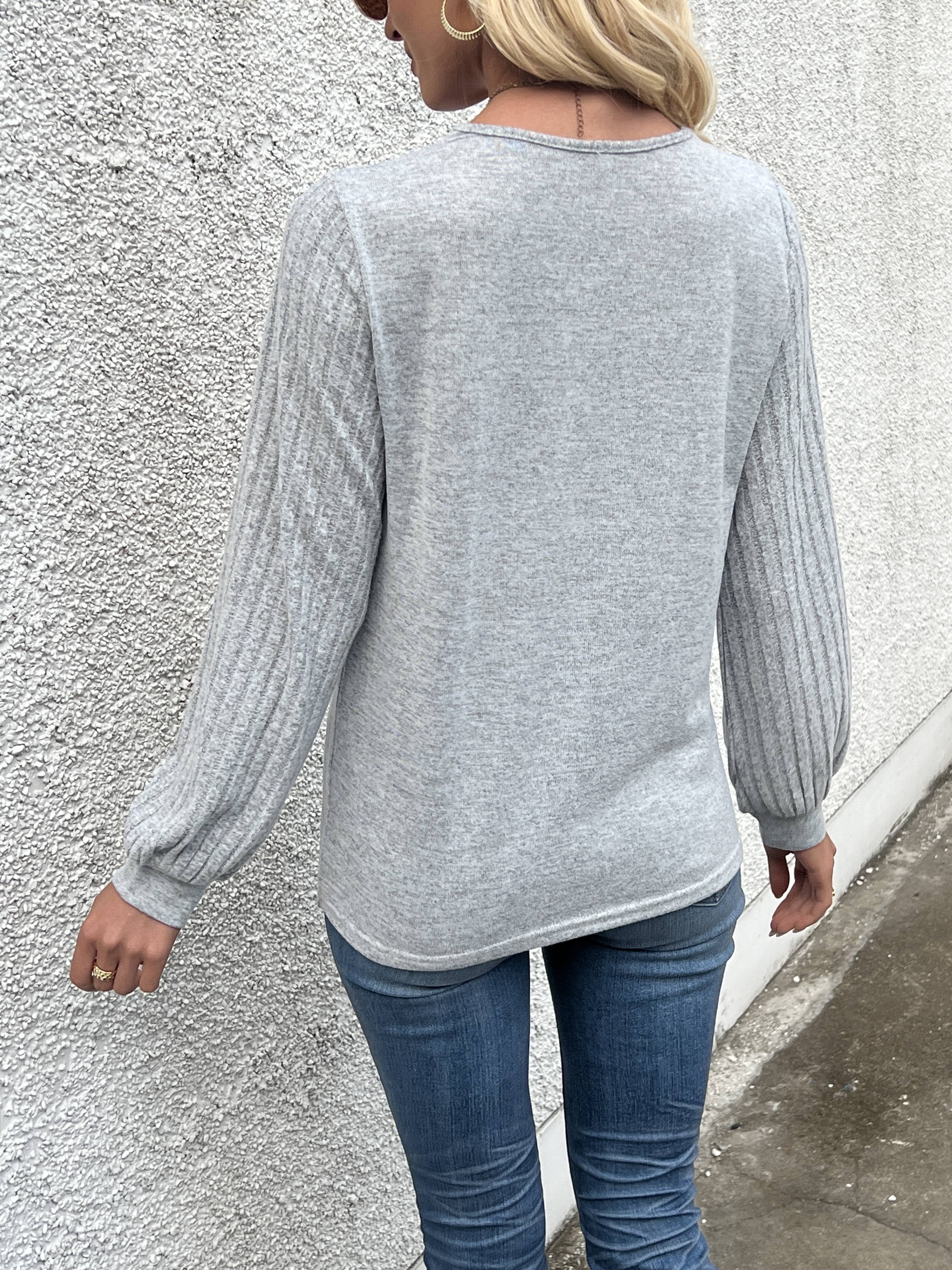 Stylish V Neck Long Sleeve Ribbed T-shirt - Women's Elegant Daily T-Shirts with Buttons - Soft, Breathable, and Comfortable Clothing for Everyday Wear