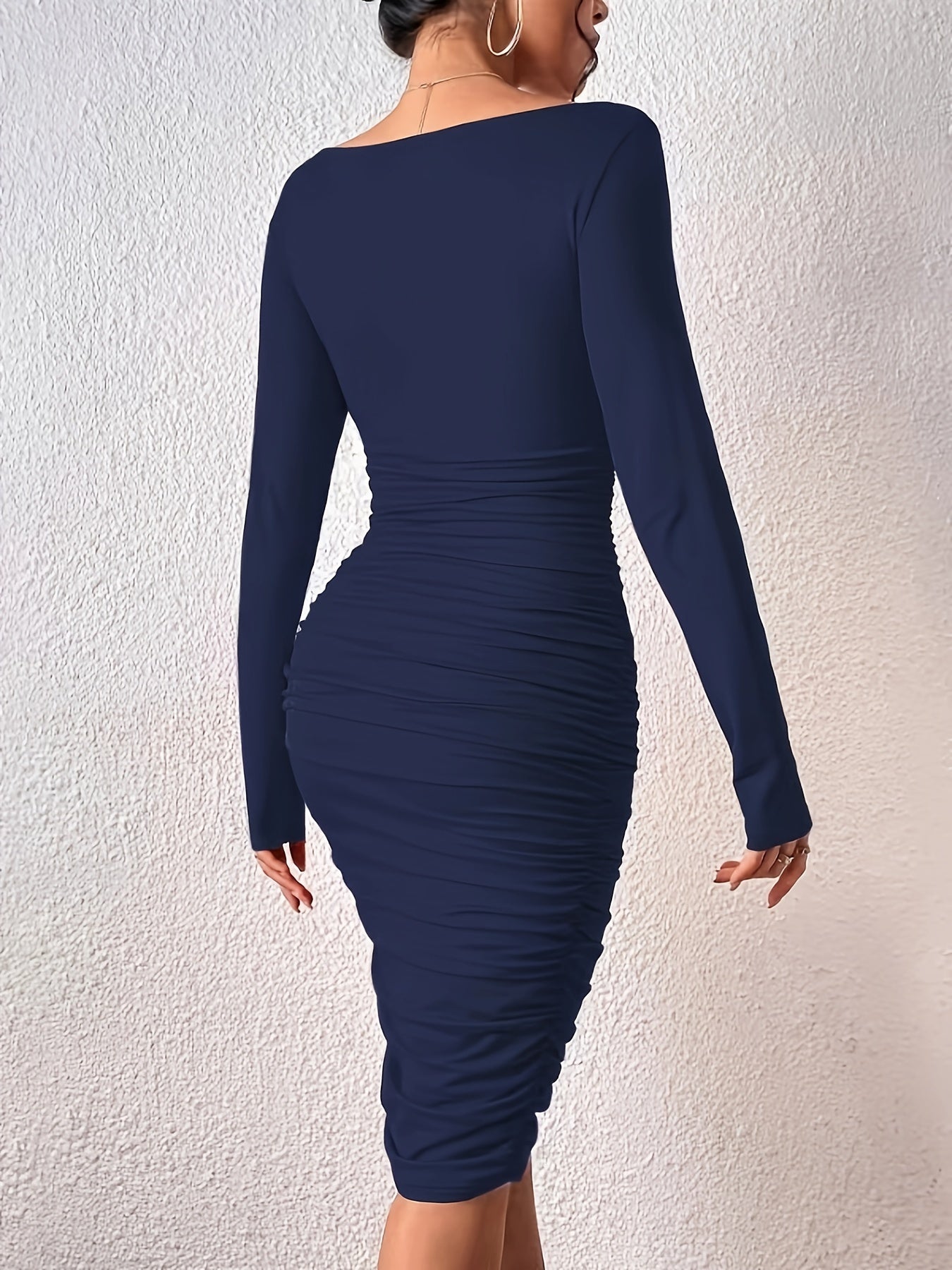 Vibrant Long Sleeve Bodycon Dress - Elegant Surplice Neck, Frill Details, Mid Elasticity, Machine Washable - Young Womens Polyester Fashion Clothing for Spring, Summer, and Fall