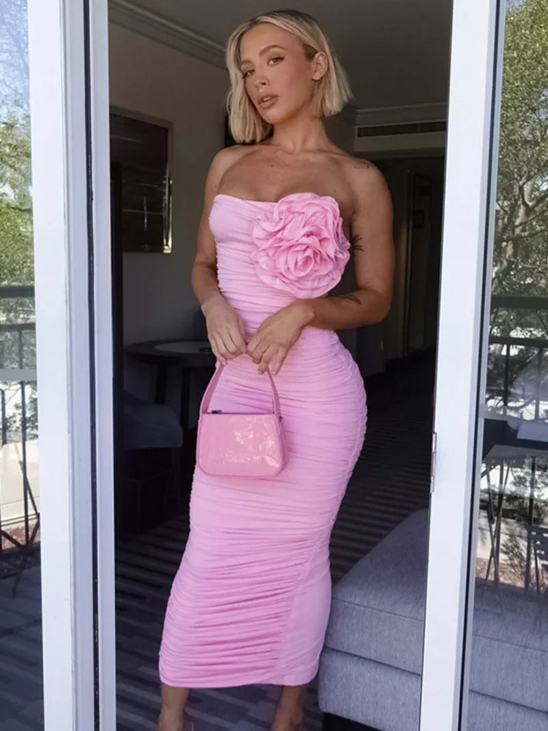 Ingvn  Elegant Womens Flower Flower Decoration Pink Dress  Sexy Strapless High Waist Tunics Shirring Slit Mid-calf Evening Dresses