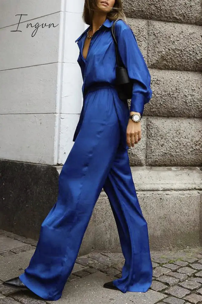 Ingvn - Casual Simplicity Solid Buttons Turndown Collar Long Sleeve Two Pieces
