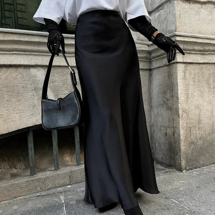 Ingvn   Women's High Waisted Solid Long Skirt Elegant Lce Silk Satin Slim Fit Skirt Fashion Office Lady Summer Long Skirt
