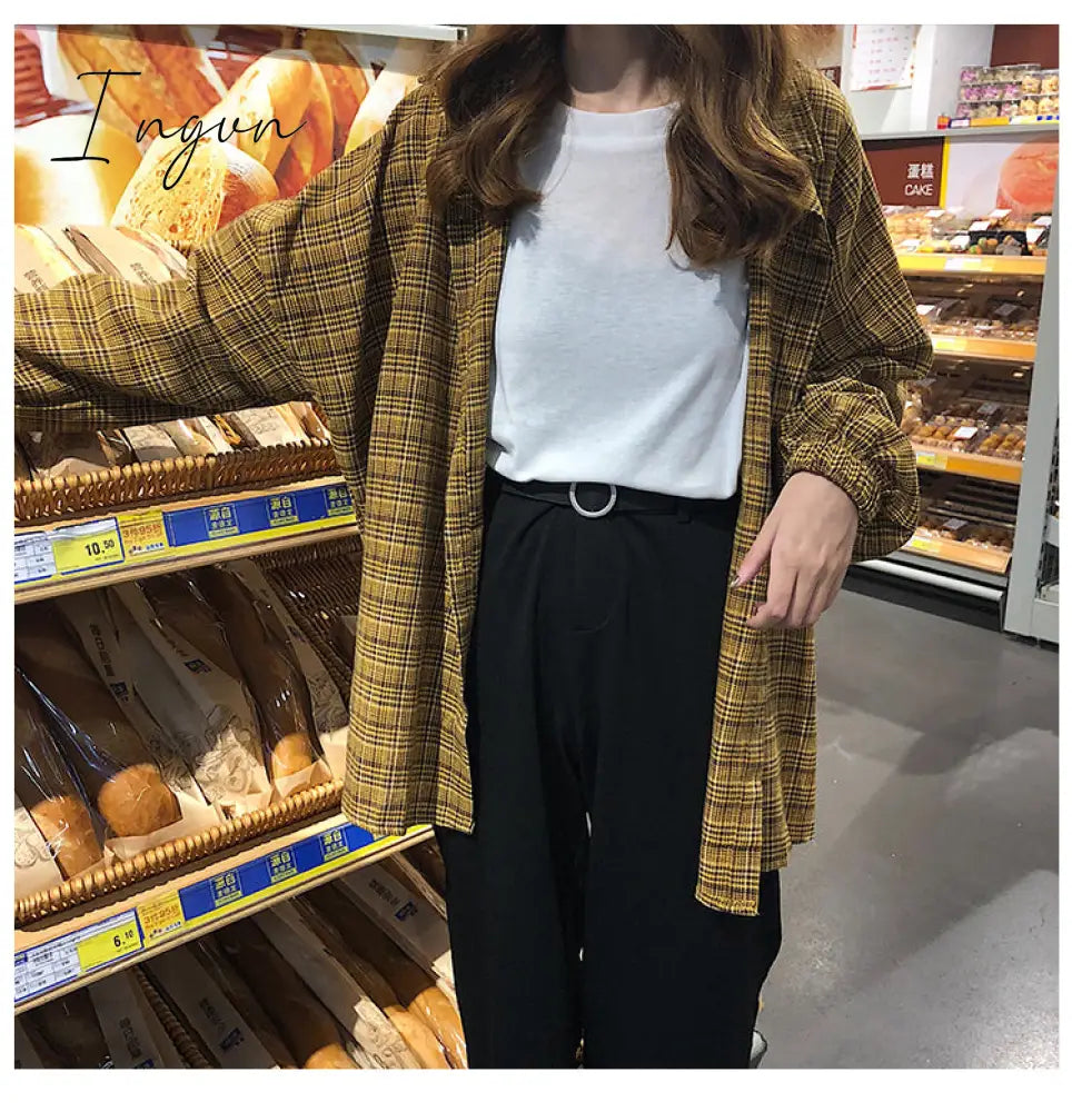 Ingvn - New Woman Vent Vintage Plaid Shirt Single Breasted Turn down Collar Cotton Long Sleeve Button Feminina Sales T8D512Z