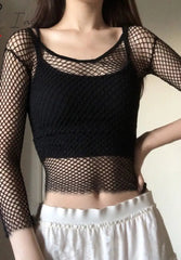 Ingvn - Hot Sell Hollow Out See Through Sexy Slash Neck Fishnet Mesh T-Shirts Women Cute Club Outfits Off Shoulder Long Sleeve Crop Tees