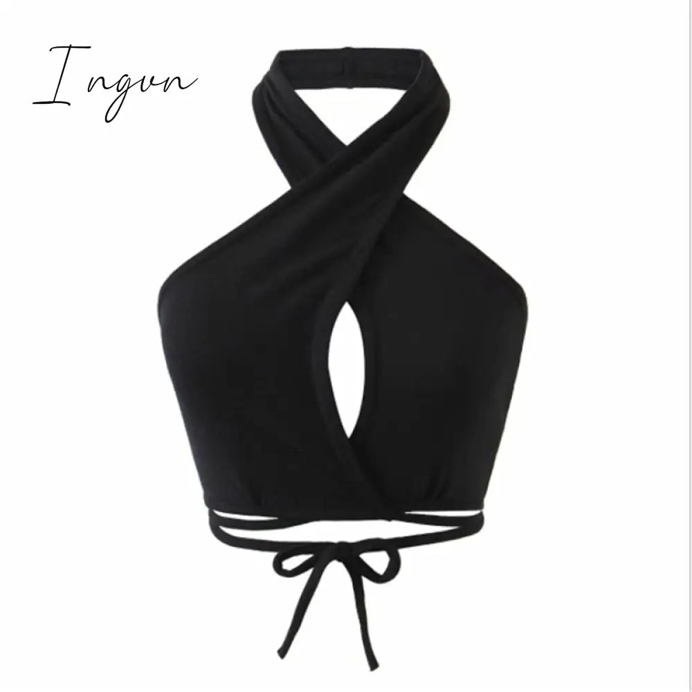 Ingvn - Women Summer Tank Tops Sexy Solid Color Cross Halter Neck Hollow Out Camisole Tie Backless Bandage Cropped Bustier Vest