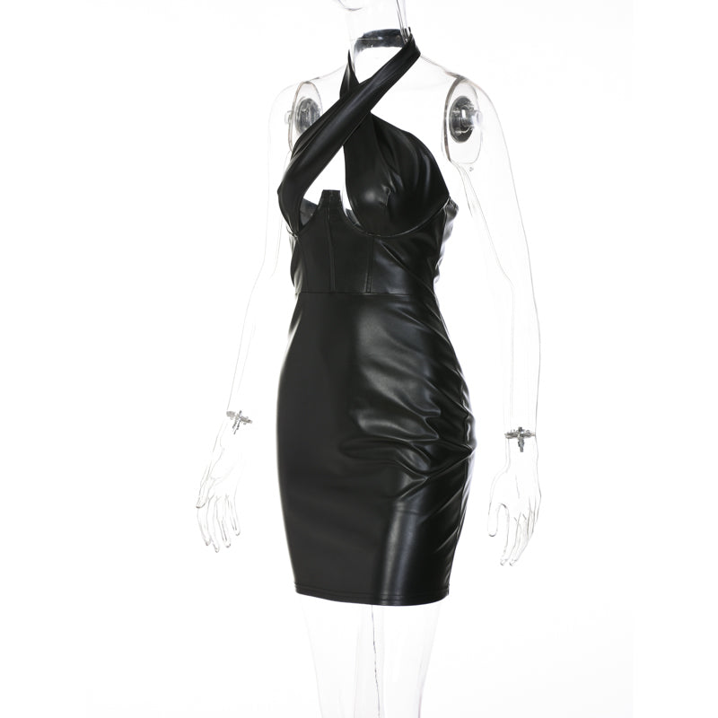 Pu Leather Faux Halter Hollow Out Slip Sleeveless Mini Dress Solid  Fall Bodycon Evening Party Elegant Vestidos