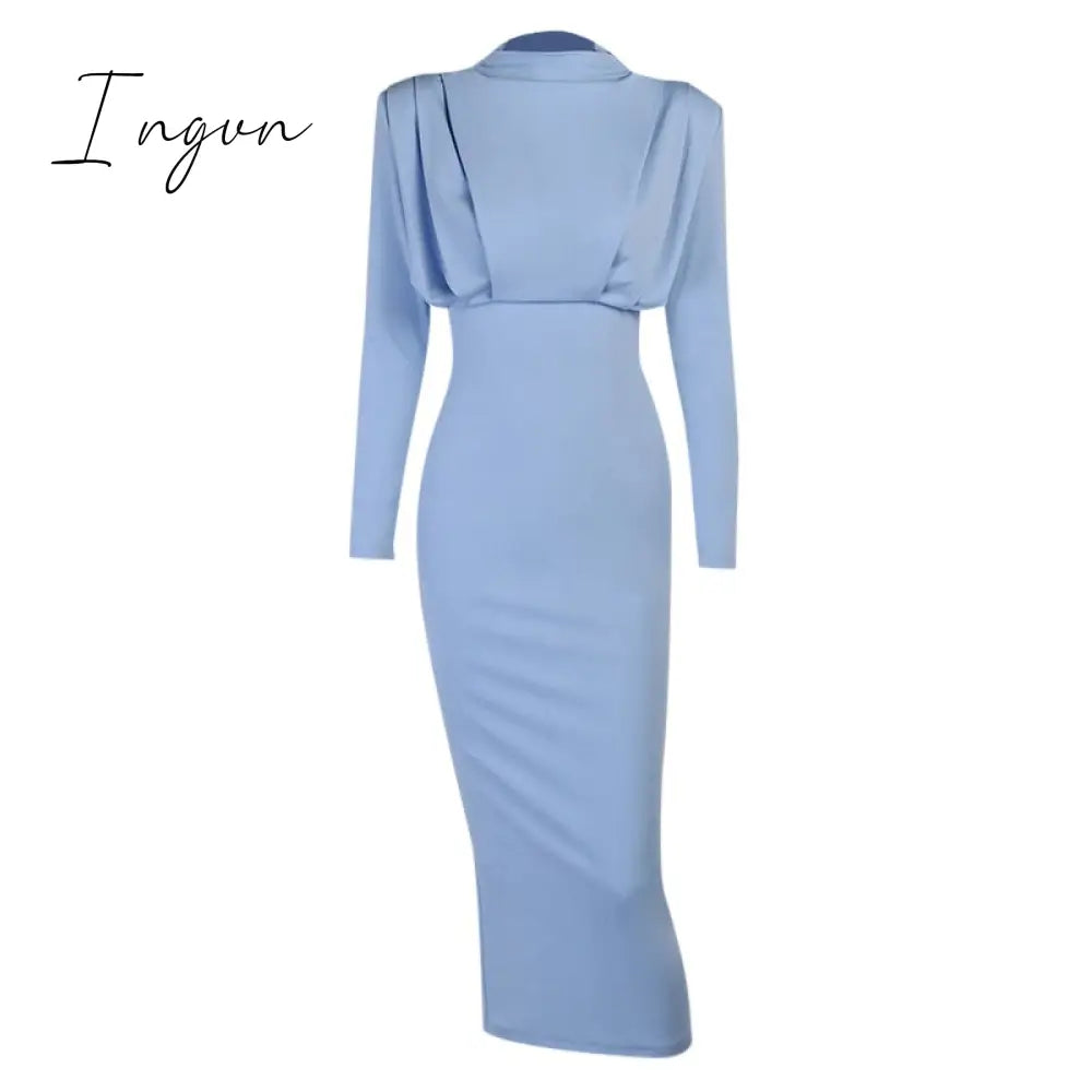 Ingvn - InstaHot Elegant Women Dress Stand Collar Slim Waist Solid Blue Ankle Length Autumn Long Sleeve Casual Party Dress Fashion