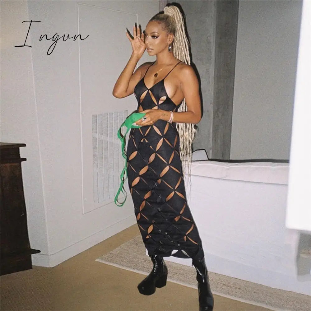 Ingvn - 2023 Summer American Symmetrical Hollow Solid Color Slim Sexy Spicy Girl Dress