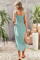 Ingvn - Smocked Tie Strap Sleeveless Striped Midi Dress