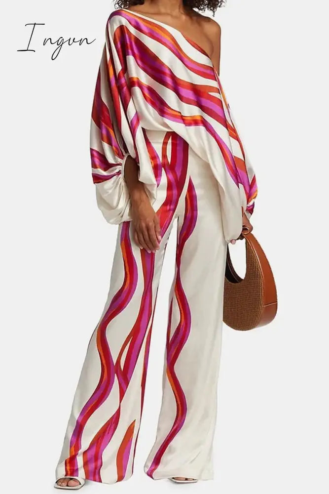 Ingvn - Casual Elegant Print Patchwork Off the Shoulder Long Sleeve Two Pieces(13 Colors)