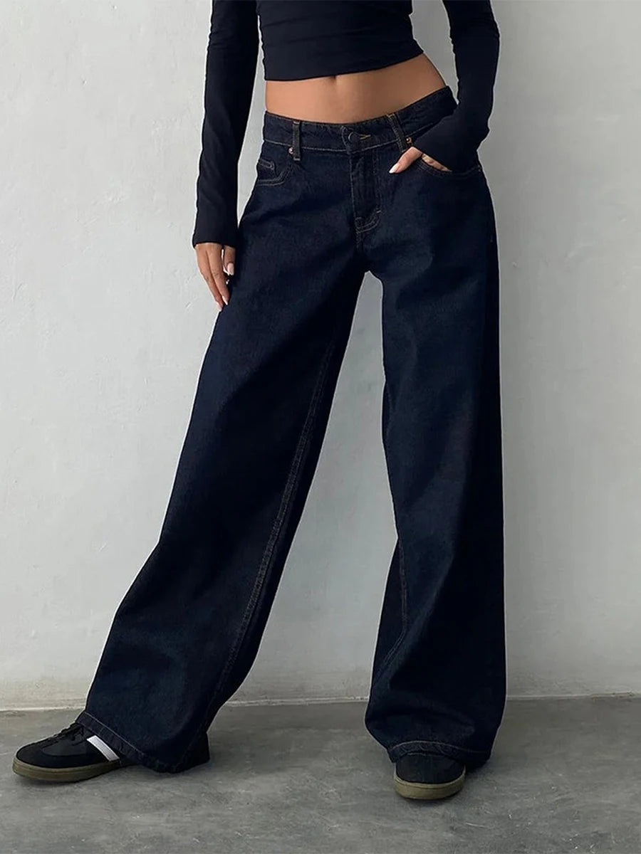 Women Jeans Low Waist Solid Color Wide Leg Straight Trousers with Pockets for Daily Streetwear Fashion Denim Pants