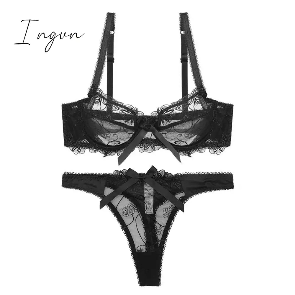 Ingvn - Hot 2pcs Women Sexy Ultra-Thin  Breathable Floral Lingerie  Sets Bras+Thongs
