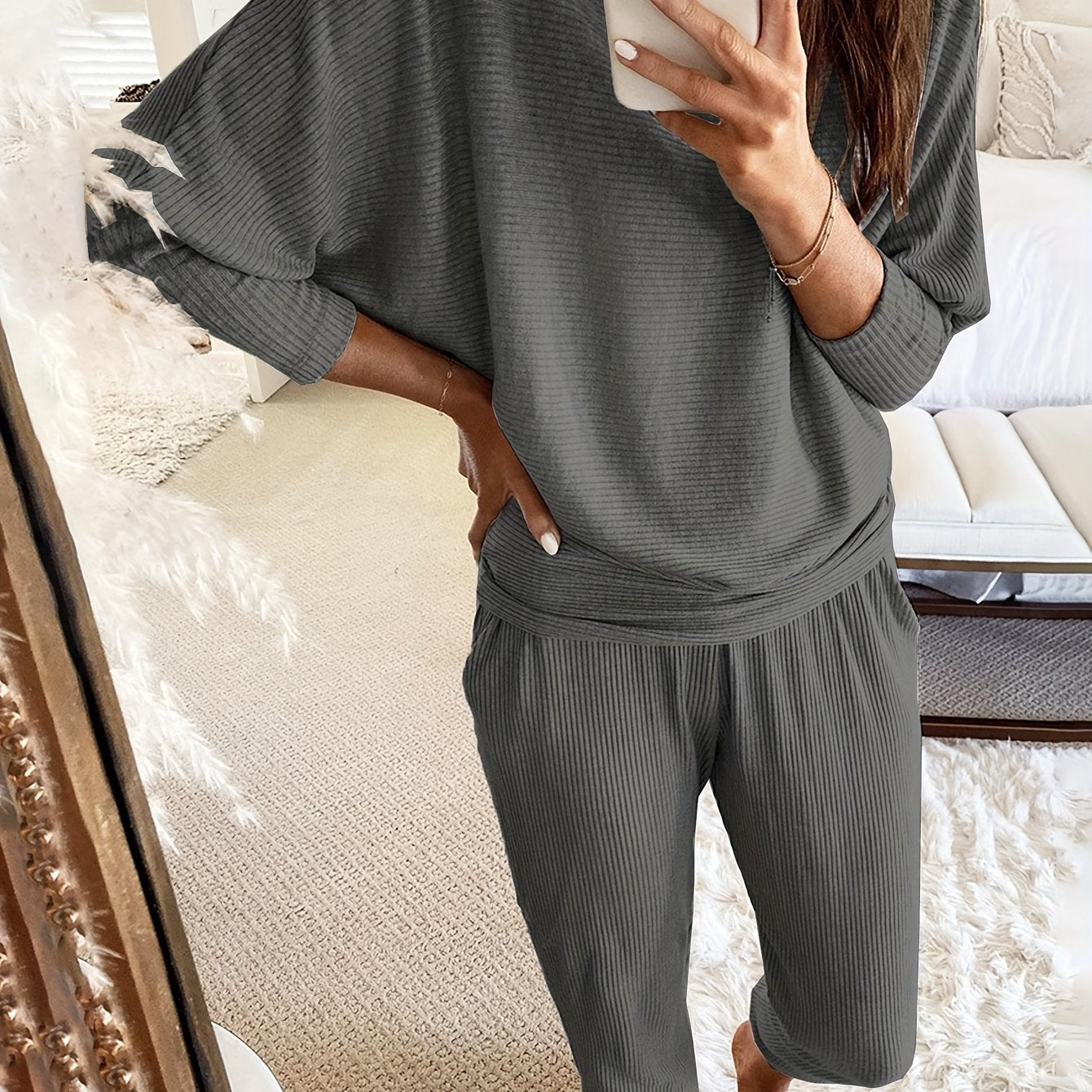 Cozy Womens Ribbed Lounge Set - Soft High-Elasticity Polyester, Crew Neck, Batwing Sleeve, Relaxed Fit, Pockets, Machine Washable, Perfect for Fall and Winter Season
