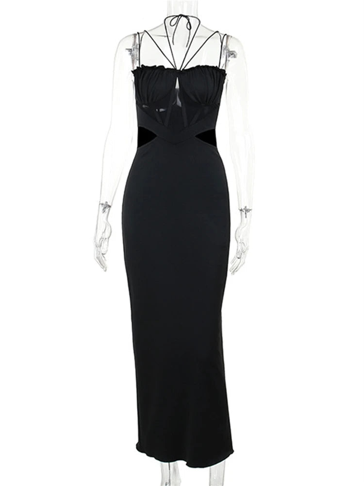 Ladies Autumn Sleeveless Backless Lace Up Halter Hollow Out Maxi Dress For Women New Fashion Evening Party Club Wear Y2K Clothes