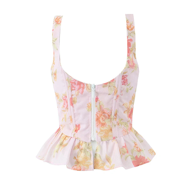 New Women Floral Print Pink Bone Slim Tank Top Pleated Ruffle Hem Summer Corset Crop Top Holiday ropa de mujer