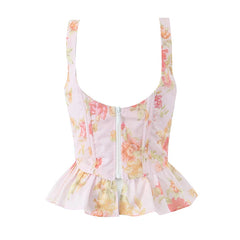 New Women Floral Print Pink Bone Slim Tank Top Pleated Ruffle Hem Summer Corset Crop Top Holiday ropa de mujer