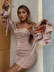 Ingvn - Trends Solid Women Spring Autumn Women Puff Long Sleeve Off Shoulder Satin Mini Dress Ruched Bodycon Sexy Party Elegant