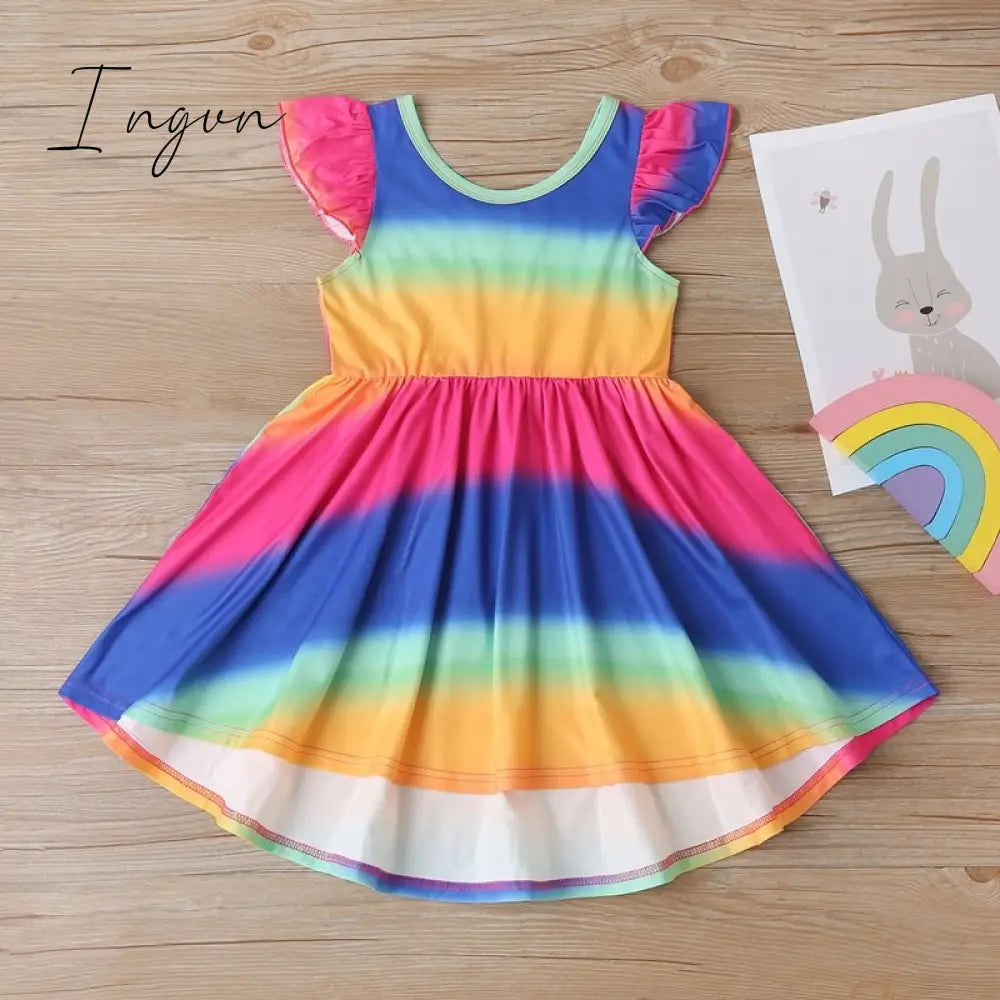 Ingvn - New Summer Baby Girls Tutu Dress Children Party Little Girl Kids Clothes Flying Sleeve Princess Rainbow Patchwork Outfits Dress