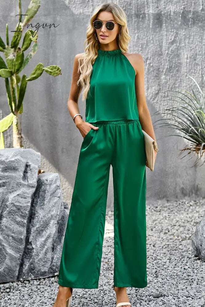 Ingvn - Grecian Neck Sleeveless Pocketed Top and Pants Set
