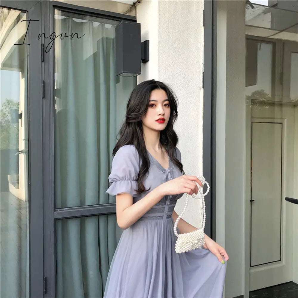 Ingvn - New Summer Mesh Dress Female V-neck Short Puff Sleeve A-line Women Dress Slim Korean Style Mesh Elegant Vintage Vestidos