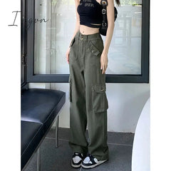 Ingvn - Cargo Pants for Women 2023 New High Waisted Pockets Korean Baggy Wide Leg Pants Streetwear Casual Full Length Pants